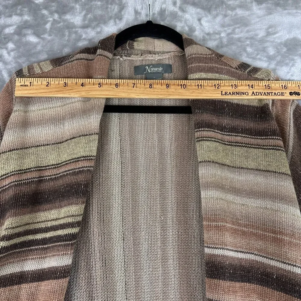 Natural Reflections Stripe Open Front Cardigan Women L Browns Fringe Boho (0786) - Picture 8 of 10